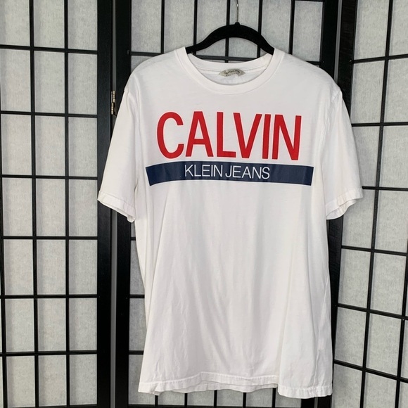 Men’s Calvin Klein Jeans Logo Graphic Monogram Crewneck T-Shirt White Red Medium - Picture 3 of 10